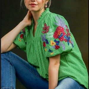 THML Green Seersucker Embroidered Puff Sleeve Boho Top- Women’s XS